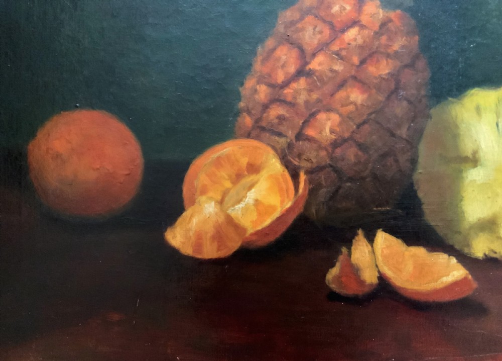 Large Early 1900s Original Antique Fruit Still Life Study Oil On Canvas Painting View VII