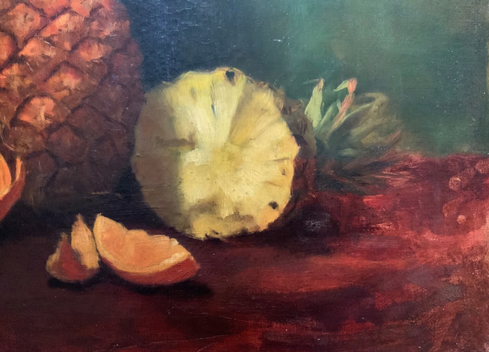Large Early 1900s Original Antique Fruit Still Life Study Oil On Canvas Painting View XI