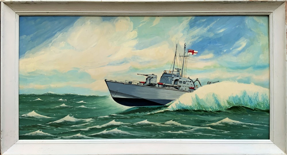A British Naval Gunboat At Full Speed - Vintage Antique Seascape Oil Painting