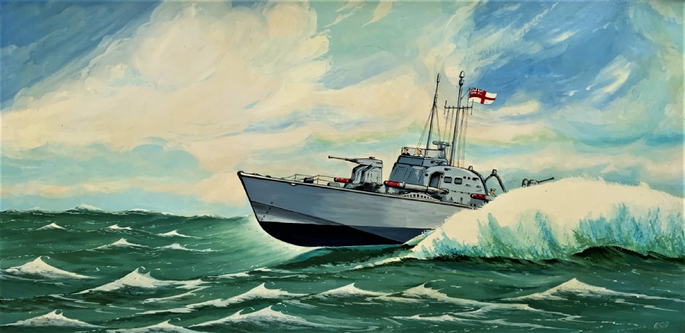 A British Naval Gunboat At Full Speed - Vintage Antique Seascape Oil Painting View II