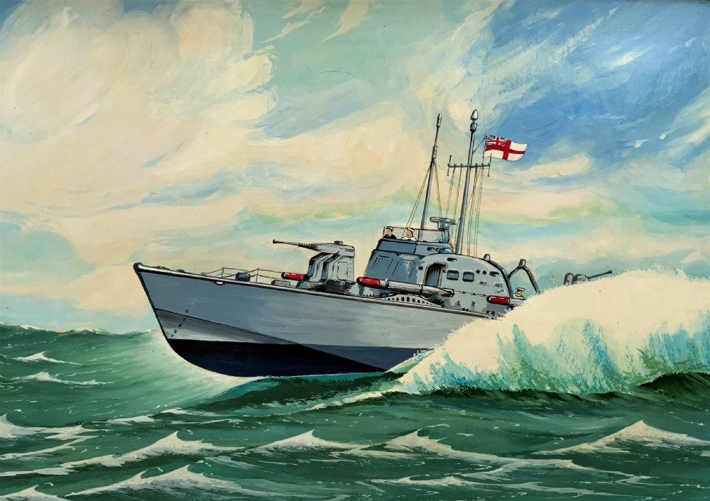 A British Naval Gunboat At Full Speed - Vintage Antique Seascape Oil Painting View III