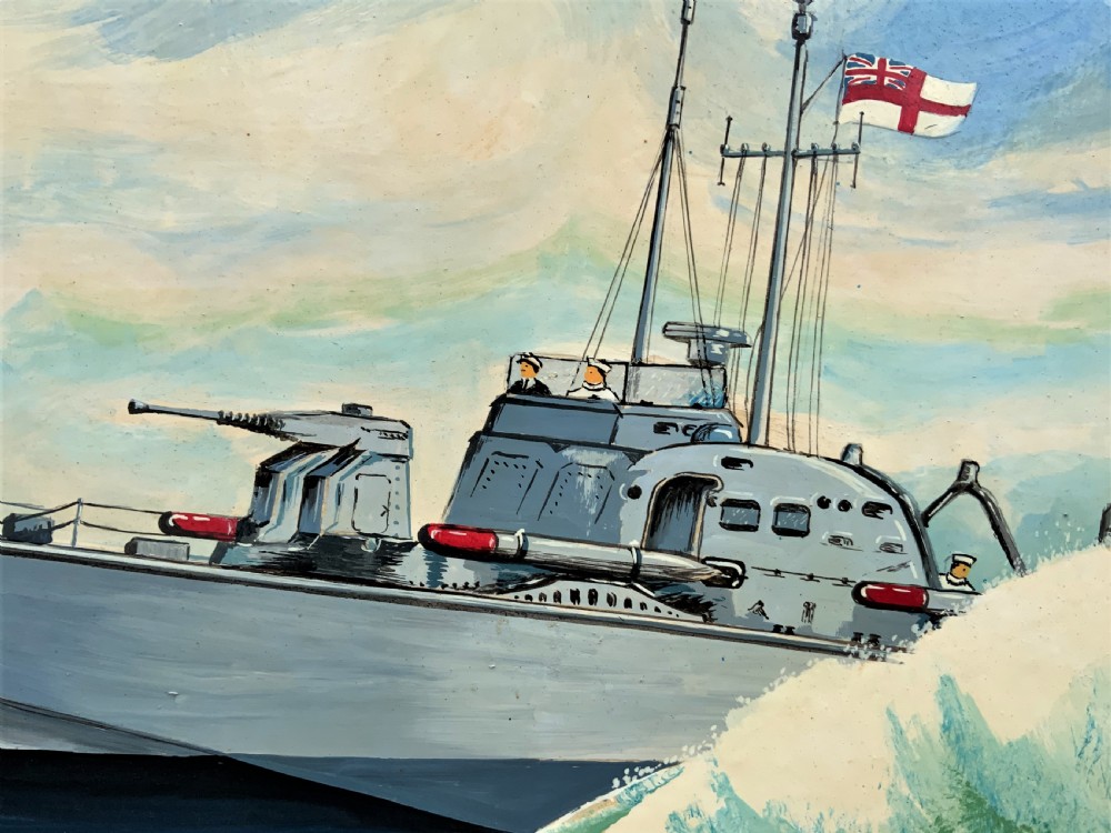 A British Naval Gunboat At Full Speed - Vintage Antique Seascape Oil Painting View VI