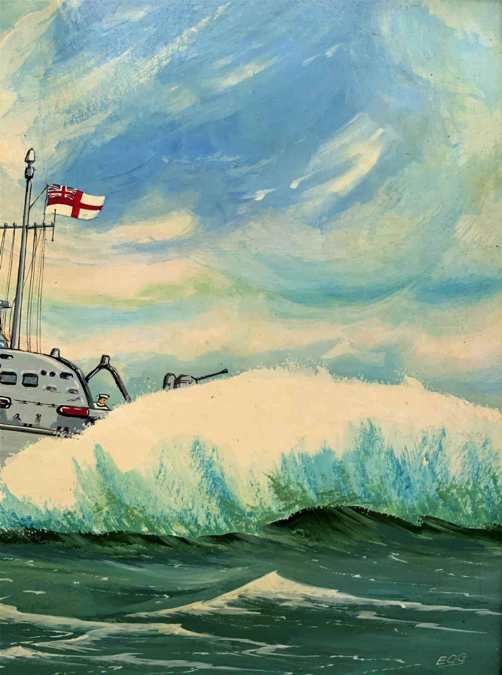 A British Naval Gunboat At Full Speed - Vintage Antique Seascape Oil Painting View VII