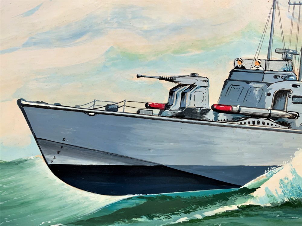 A British Naval Gunboat At Full Speed - Vintage Antique Seascape Oil Painting View VIII