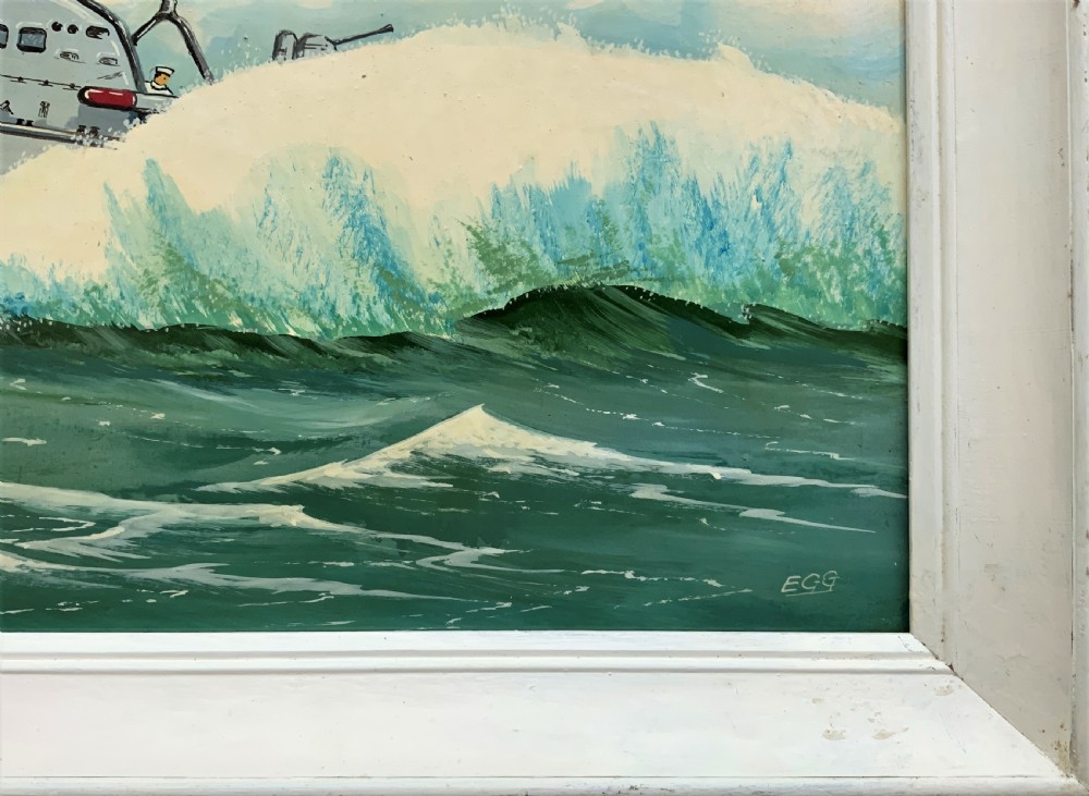 A British Naval Gunboat At Full Speed - Vintage Antique Seascape Oil Painting View IX