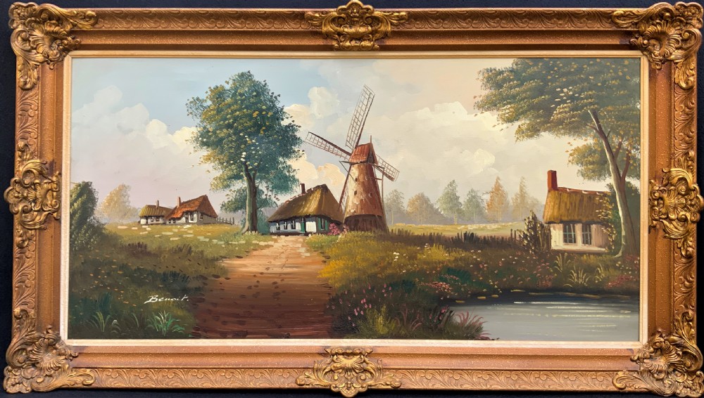 A horizontal oil painting depicting a rural Dutch scene with a tall windmill, thatched cottages, and a calm pond, framed in an ornate gilded frame.