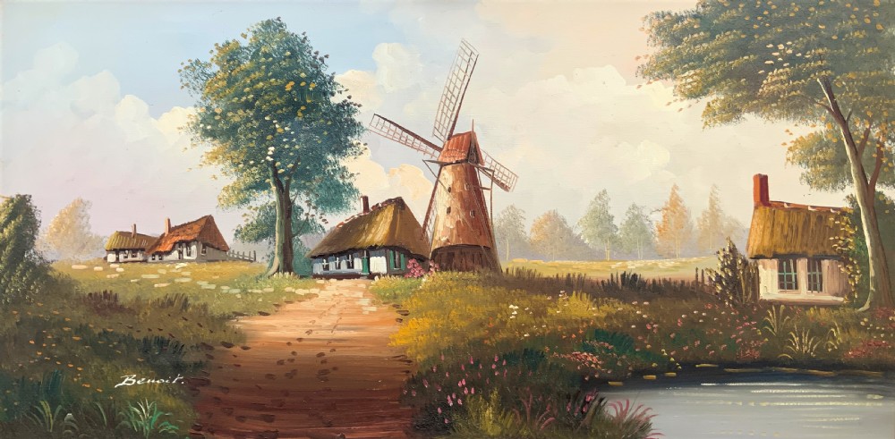 A horizontal oil painting depicting a rural Dutch scene with a tall windmill, thatched cottages, and a calm pond, framed in an ornate gilded frame. View III