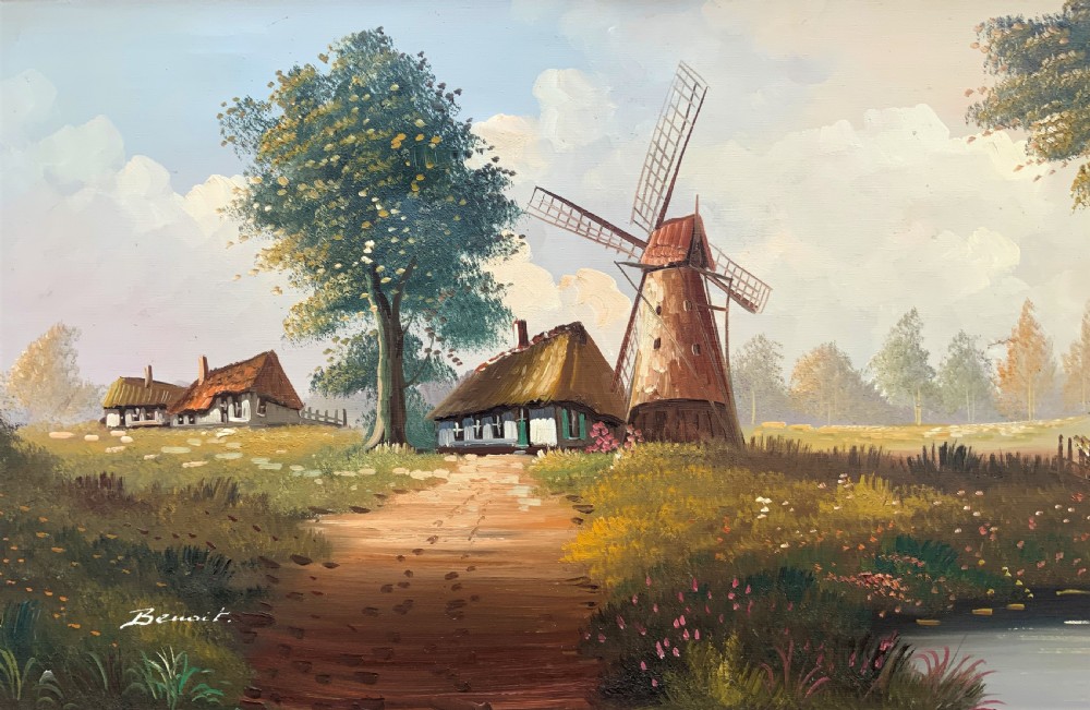 A horizontal oil painting depicting a rural Dutch scene with a tall windmill, thatched cottages, and a calm pond, framed in an ornate gilded frame. View IV
