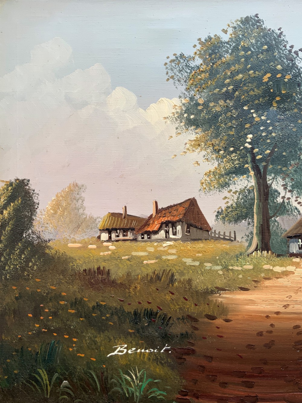 A horizontal oil painting depicting a rural Dutch scene with a tall windmill, thatched cottages, and a calm pond, framed in an ornate gilded frame. View VI