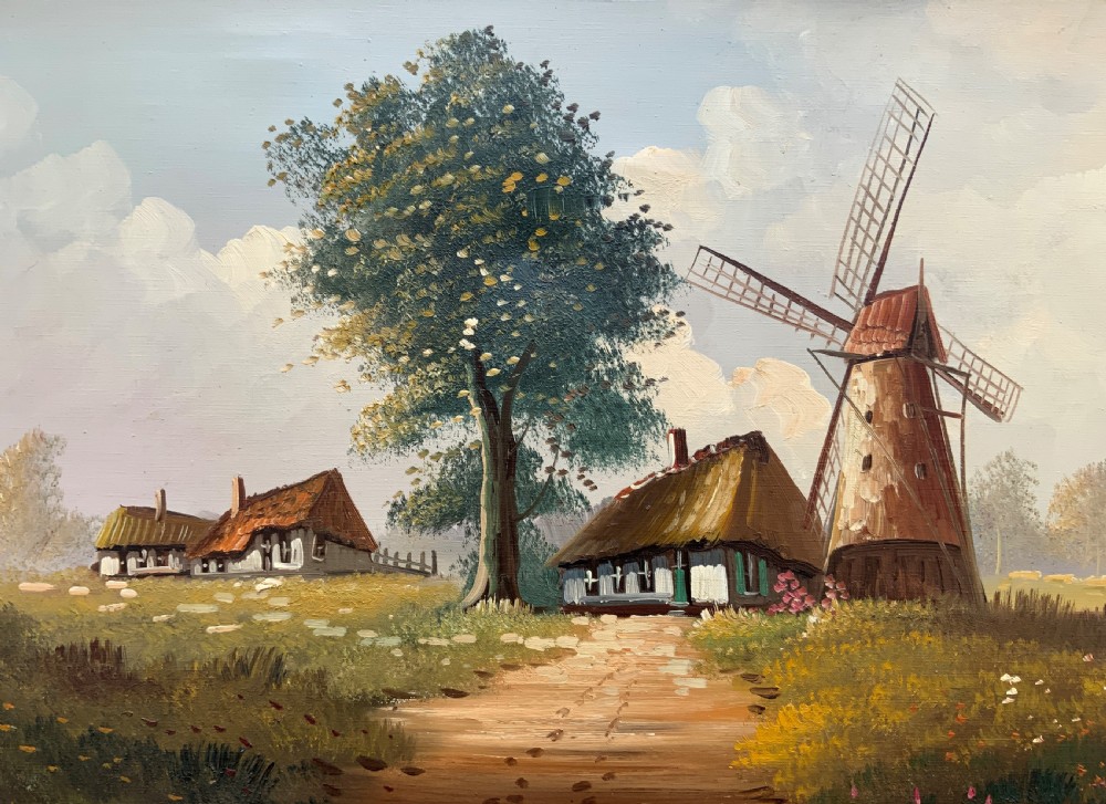A horizontal oil painting depicting a rural Dutch scene with a tall windmill, thatched cottages, and a calm pond, framed in an ornate gilded frame. View VII