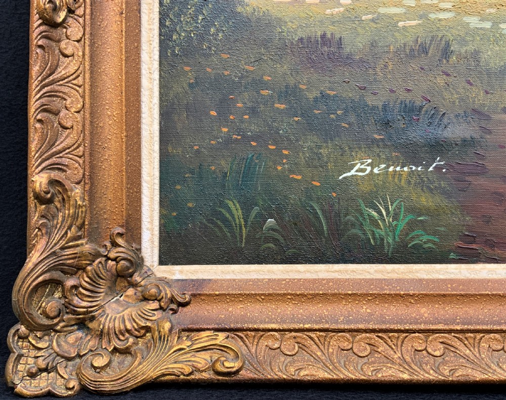 A horizontal oil painting depicting a rural Dutch scene with a tall windmill, thatched cottages, and a calm pond, framed in an ornate gilded frame. View IX