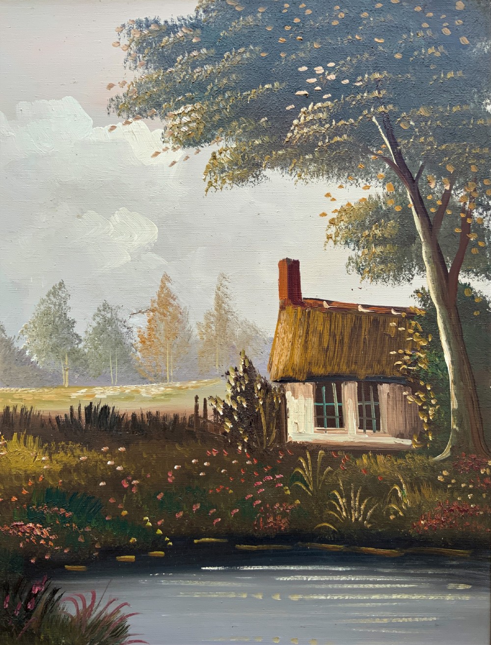 A horizontal oil painting depicting a rural Dutch scene with a tall windmill, thatched cottages, and a calm pond, framed in an ornate gilded frame. View XII