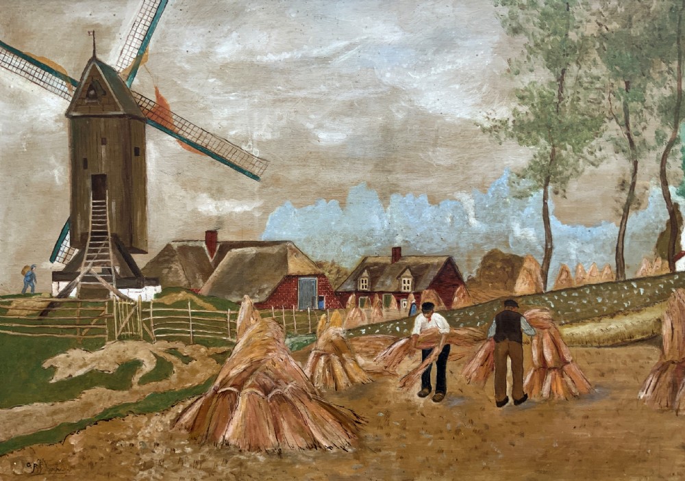 A mid-20th-century naive oil painting depicting agricultural workers gathering hay bales in a field beside a timber windmill, thatched cottages, and trees, presented in a gilt frame. View IV