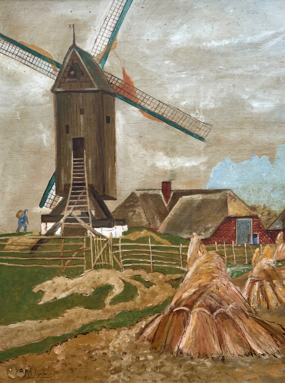 A mid-20th-century naive oil painting depicting agricultural workers gathering hay bales in a field beside a timber windmill, thatched cottages, and trees, presented in a gilt frame. View VIII