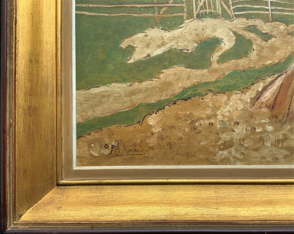 A mid-20th-century naive oil painting depicting agricultural workers gathering hay bales in a field beside a timber windmill, thatched cottages, and trees, presented in a gilt frame. View X