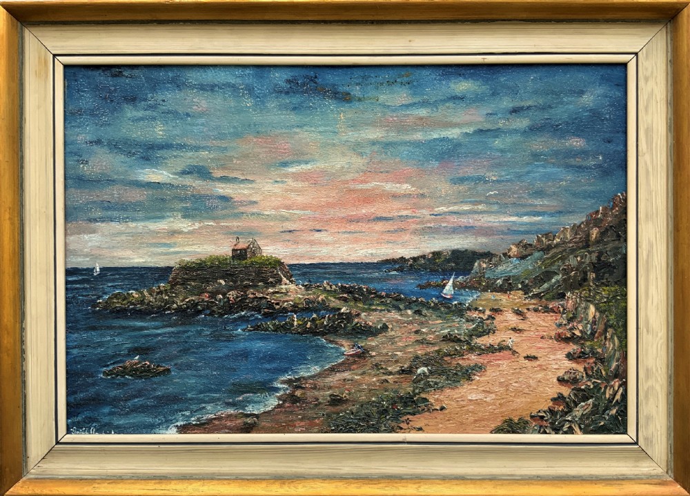 An impressionist framed oil painting depicting a Welsh coastal scene with a cottage on a rocky island under a blue and pink sky.