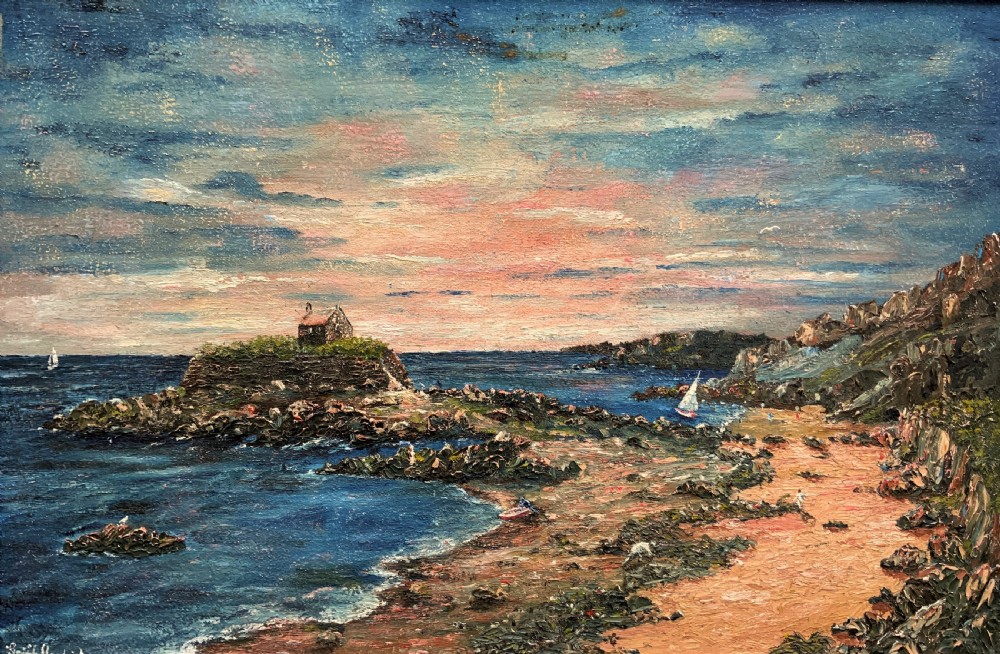 An impressionist framed oil painting depicting a Welsh coastal scene with a cottage on a rocky island under a blue and pink sky. View II