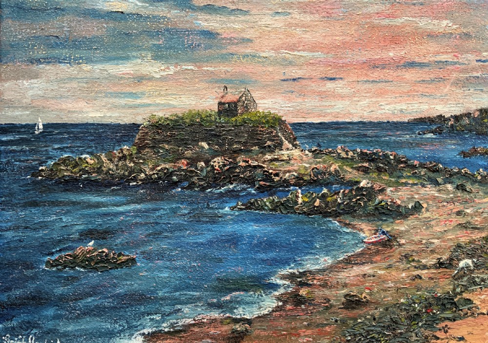 An impressionist framed oil painting depicting a Welsh coastal scene with a cottage on a rocky island under a blue and pink sky. View III