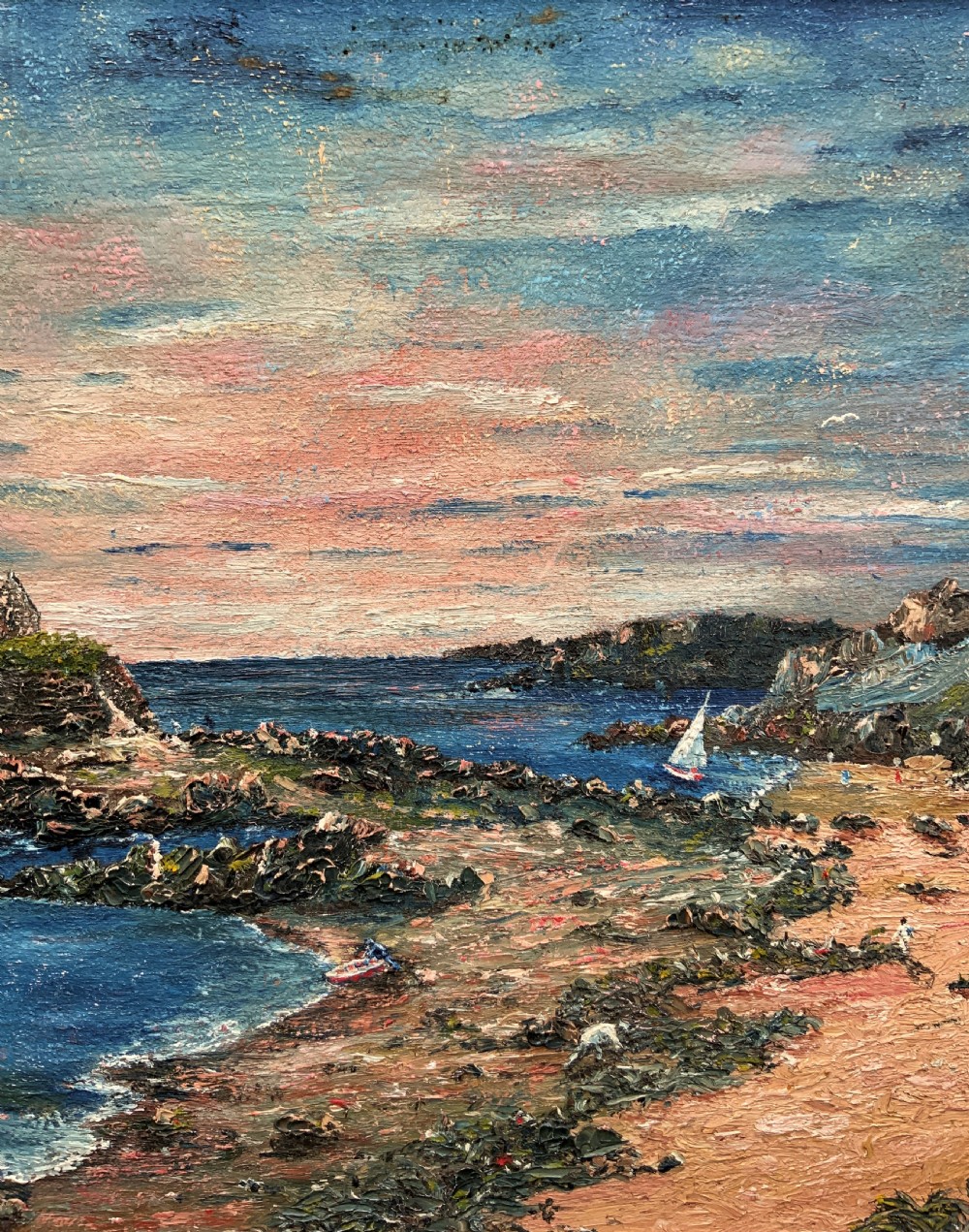 An impressionist framed oil painting depicting a Welsh coastal scene with a cottage on a rocky island under a blue and pink sky. View V