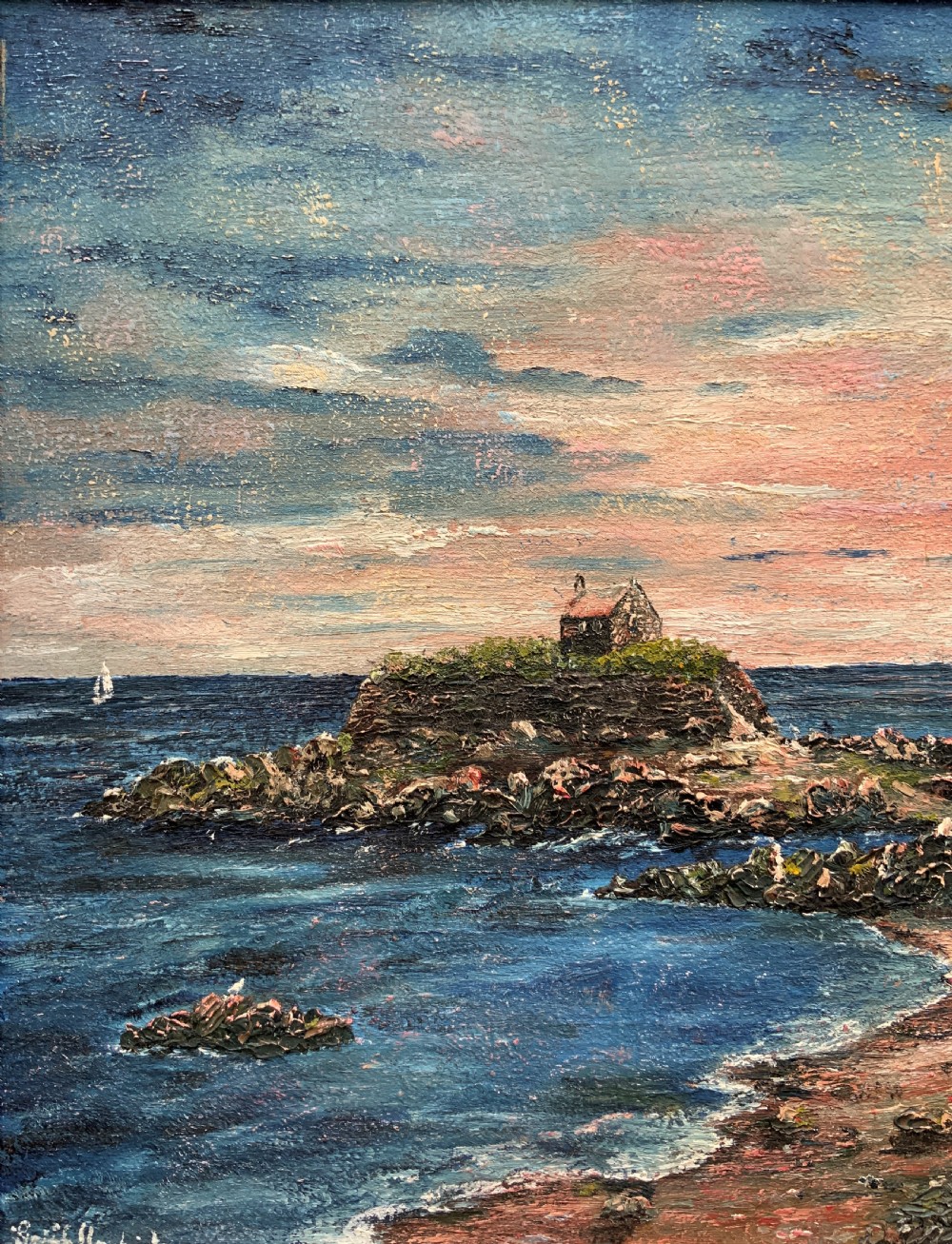 An impressionist framed oil painting depicting a Welsh coastal scene with a cottage on a rocky island under a blue and pink sky. View VI