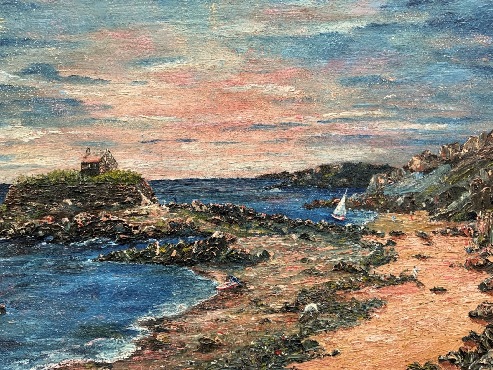 An impressionist framed oil painting depicting a Welsh coastal scene with a cottage on a rocky island under a blue and pink sky. View VII