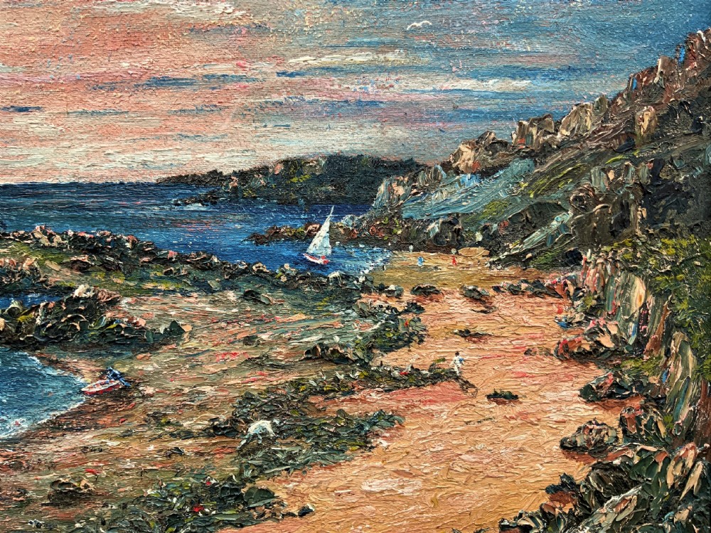 An impressionist framed oil painting depicting a Welsh coastal scene with a cottage on a rocky island under a blue and pink sky. View VIII