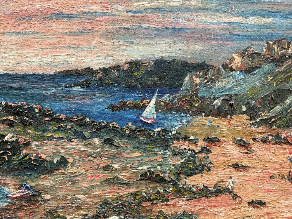 An impressionist framed oil painting depicting a Welsh coastal scene with a cottage on a rocky island under a blue and pink sky. View IX