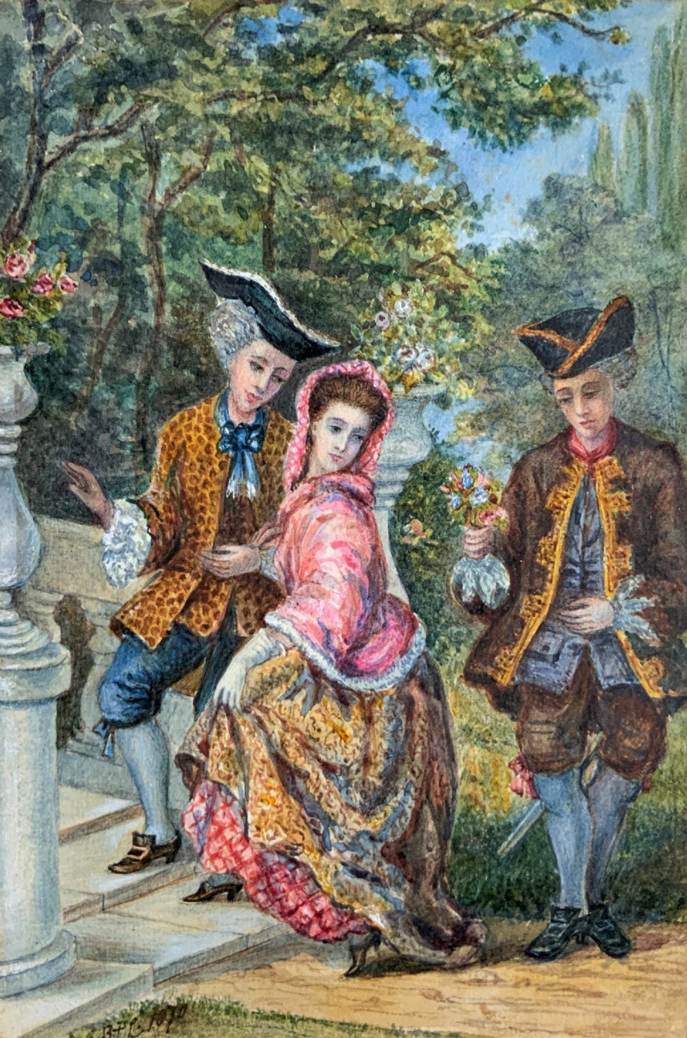 Incredible Quality 19thc Group Portrait Watercolour Painting Of 3 Georgian Folks