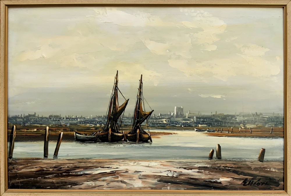 An impasto oil painting depicting two masted sailing barges moored on an estuary mudflat with an industrial skyline under a cloudy sky.