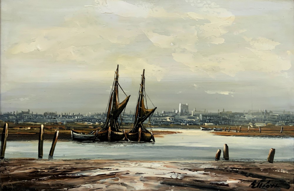 An impasto oil painting depicting two masted sailing barges moored on an estuary mudflat with an industrial skyline under a cloudy sky. View II