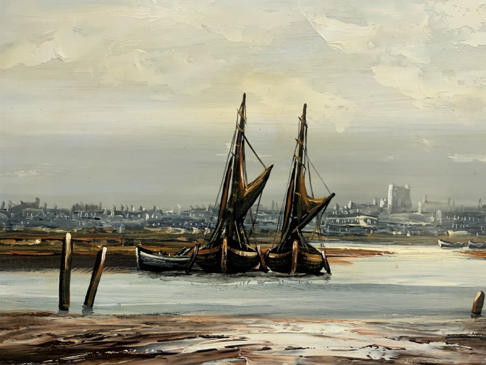 An impasto oil painting depicting two masted sailing barges moored on an estuary mudflat with an industrial skyline under a cloudy sky. View IV