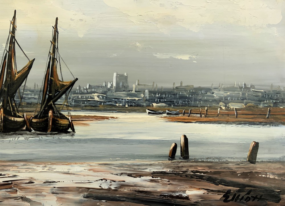 An impasto oil painting depicting two masted sailing barges moored on an estuary mudflat with an industrial skyline under a cloudy sky. View V