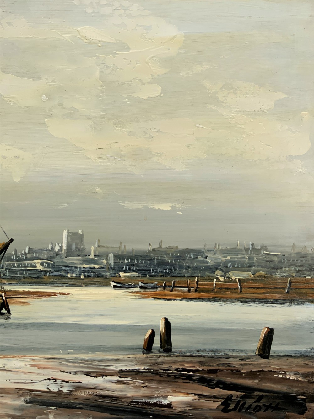 An impasto oil painting depicting two masted sailing barges moored on an estuary mudflat with an industrial skyline under a cloudy sky. View VI
