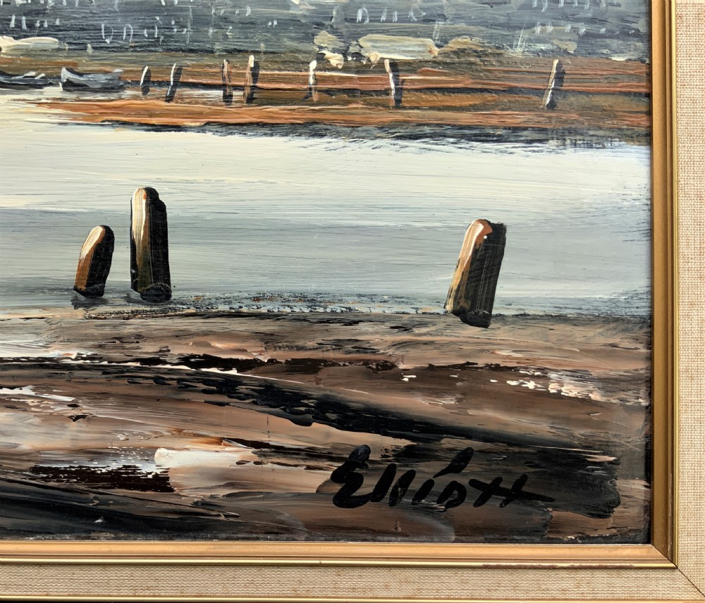 An impasto oil painting depicting two masted sailing barges moored on an estuary mudflat with an industrial skyline under a cloudy sky. View XI