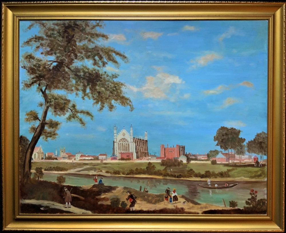 A large framed oil painting depicting Eton College Chapel across the River Thames with figures along the foreground bank under a blue sky.