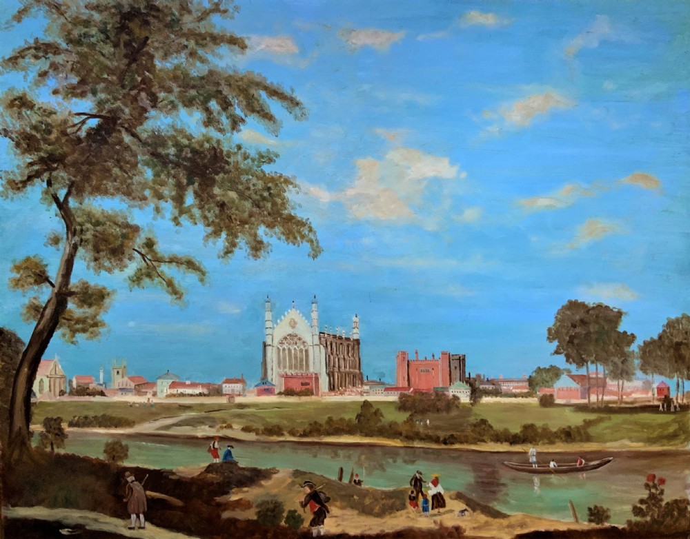 A large framed oil painting depicting Eton College Chapel across the River Thames with figures along the foreground bank under a blue sky. View II