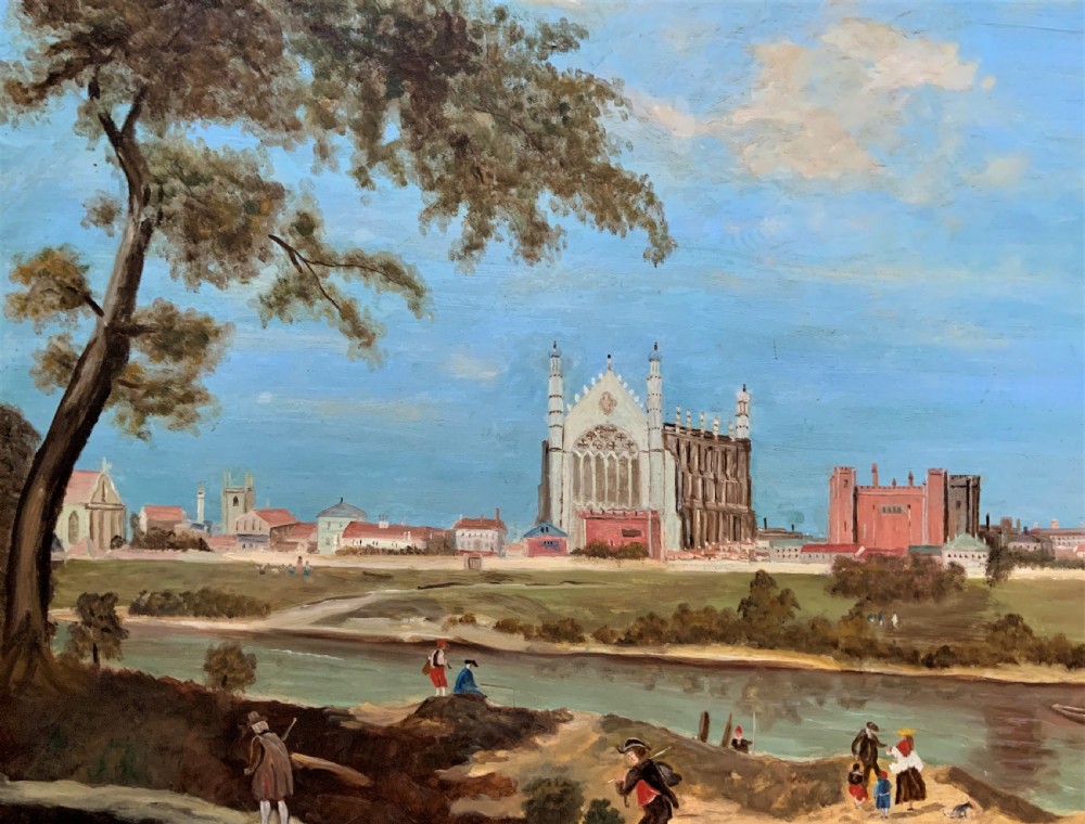 A large framed oil painting depicting Eton College Chapel across the River Thames with figures along the foreground bank under a blue sky. View III
