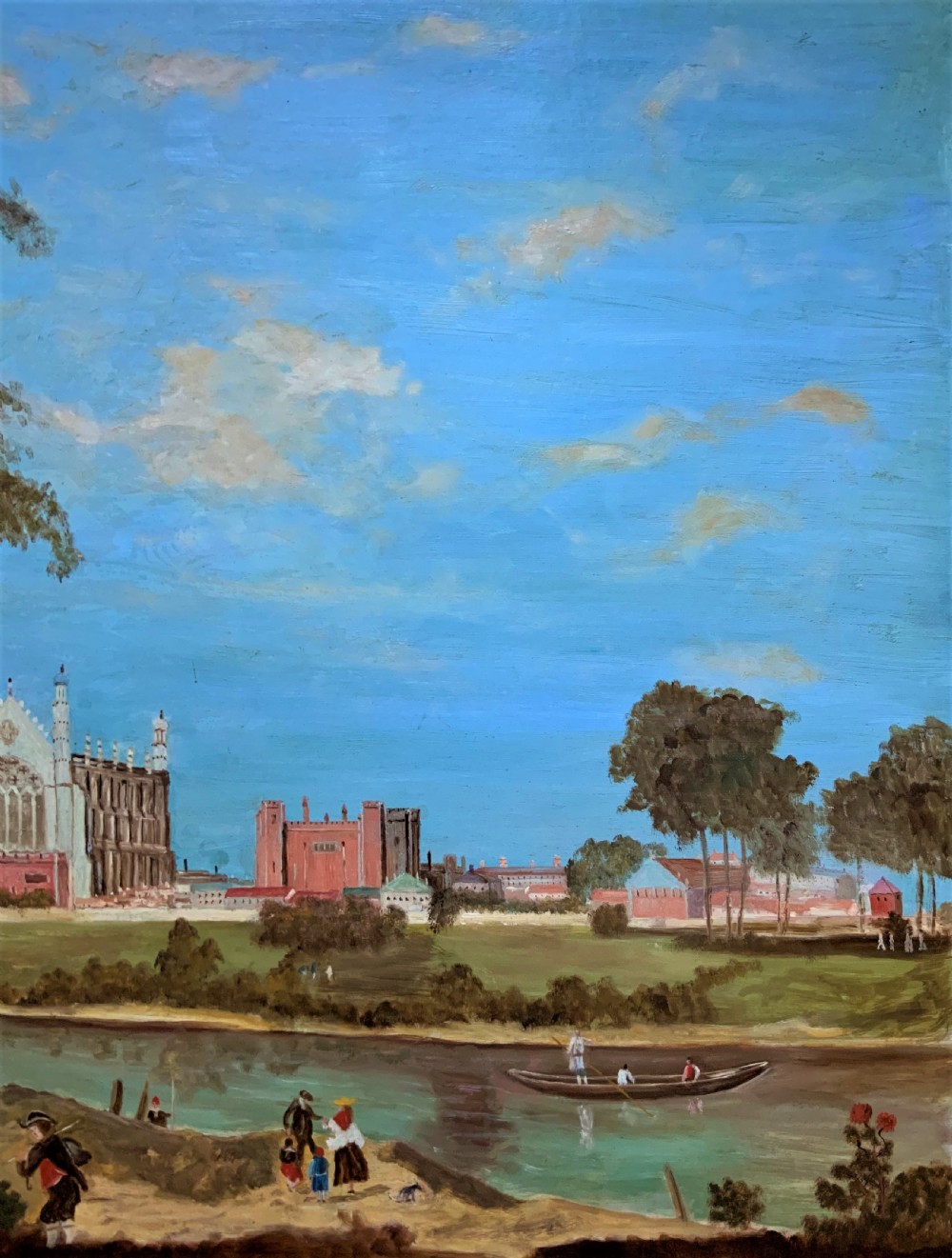 A large framed oil painting depicting Eton College Chapel across the River Thames with figures along the foreground bank under a blue sky. View IV