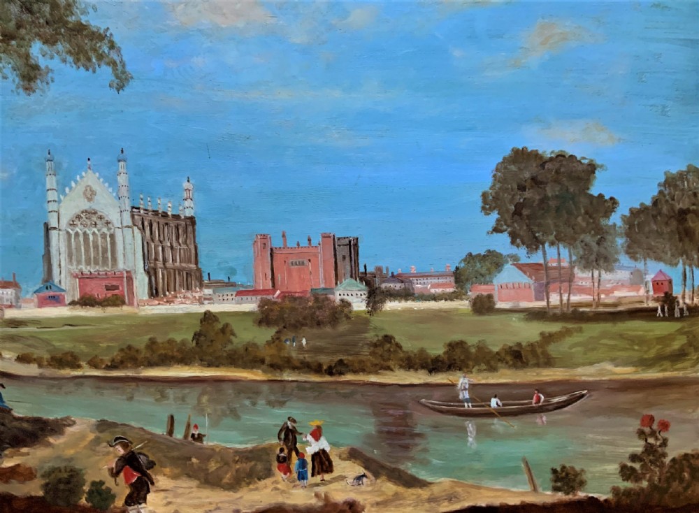 A large framed oil painting depicting Eton College Chapel across the River Thames with figures along the foreground bank under a blue sky. View VI