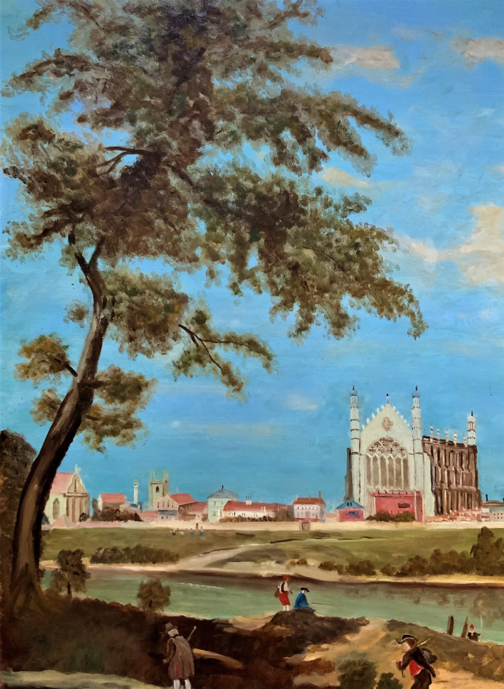 A large framed oil painting depicting Eton College Chapel across the River Thames with figures along the foreground bank under a blue sky. View VII