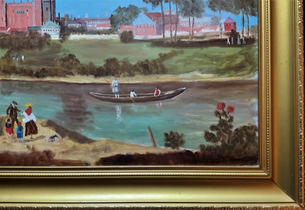 A large framed oil painting depicting Eton College Chapel across the River Thames with figures along the foreground bank under a blue sky. View IX