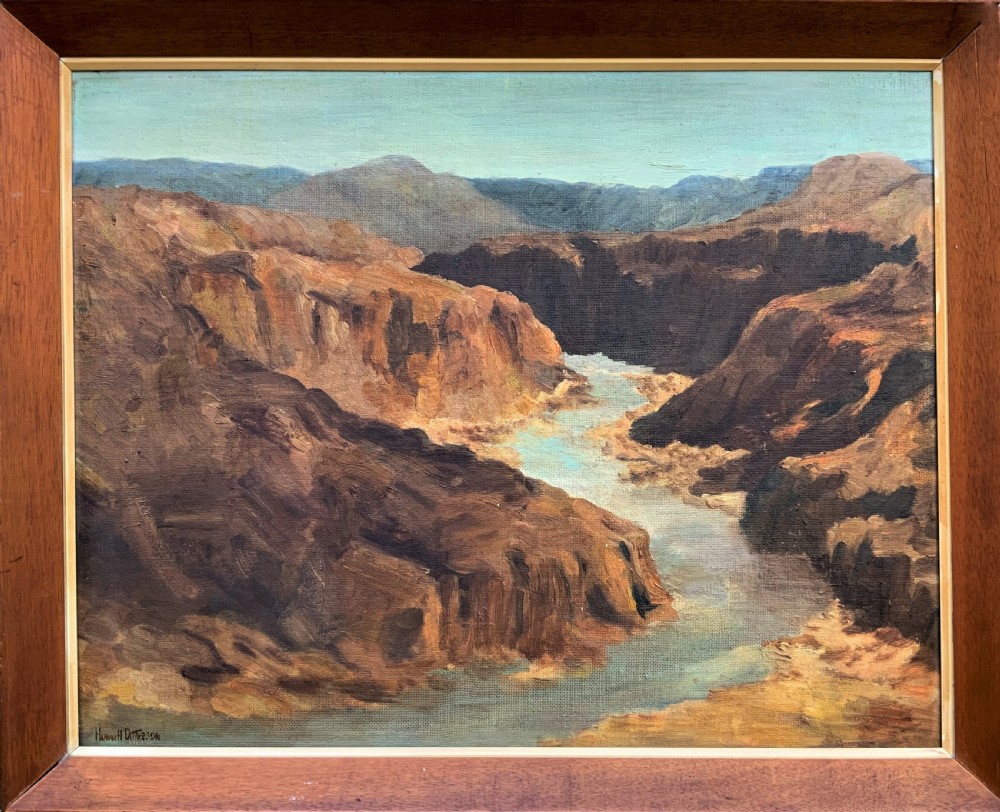 An impressionist oil painting depicting a steep rocky gorge with a winding turquoise river inside a warm timber frame.