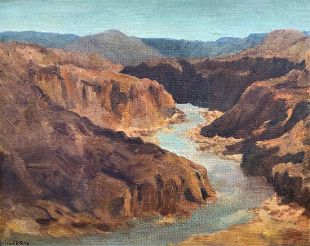 An impressionist oil painting depicting a steep rocky gorge with a winding turquoise river inside a warm timber frame. View II