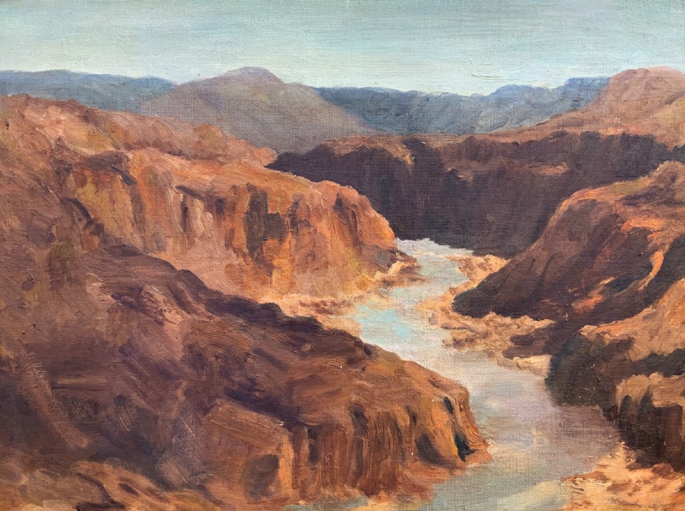 An impressionist oil painting depicting a steep rocky gorge with a winding turquoise river inside a warm timber frame. View III
