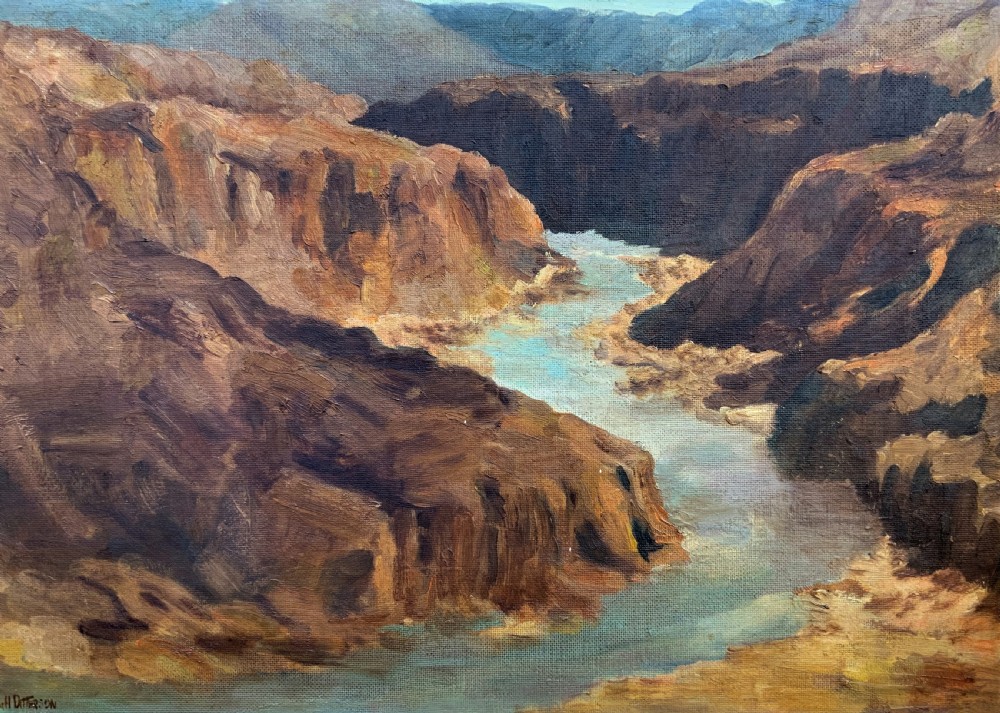 An impressionist oil painting depicting a steep rocky gorge with a winding turquoise river inside a warm timber frame. View IV