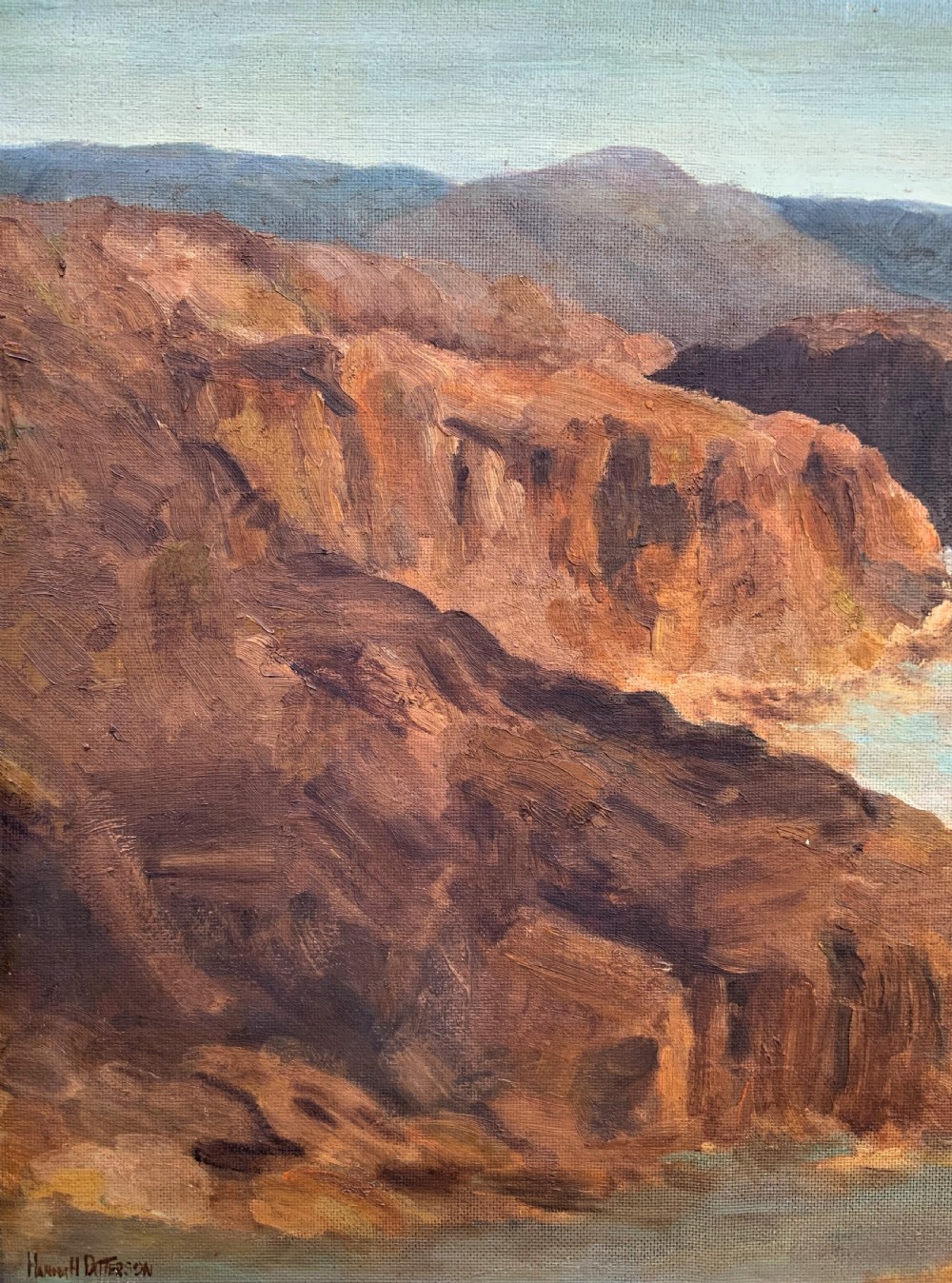 An impressionist oil painting depicting a steep rocky gorge with a winding turquoise river inside a warm timber frame. View VII