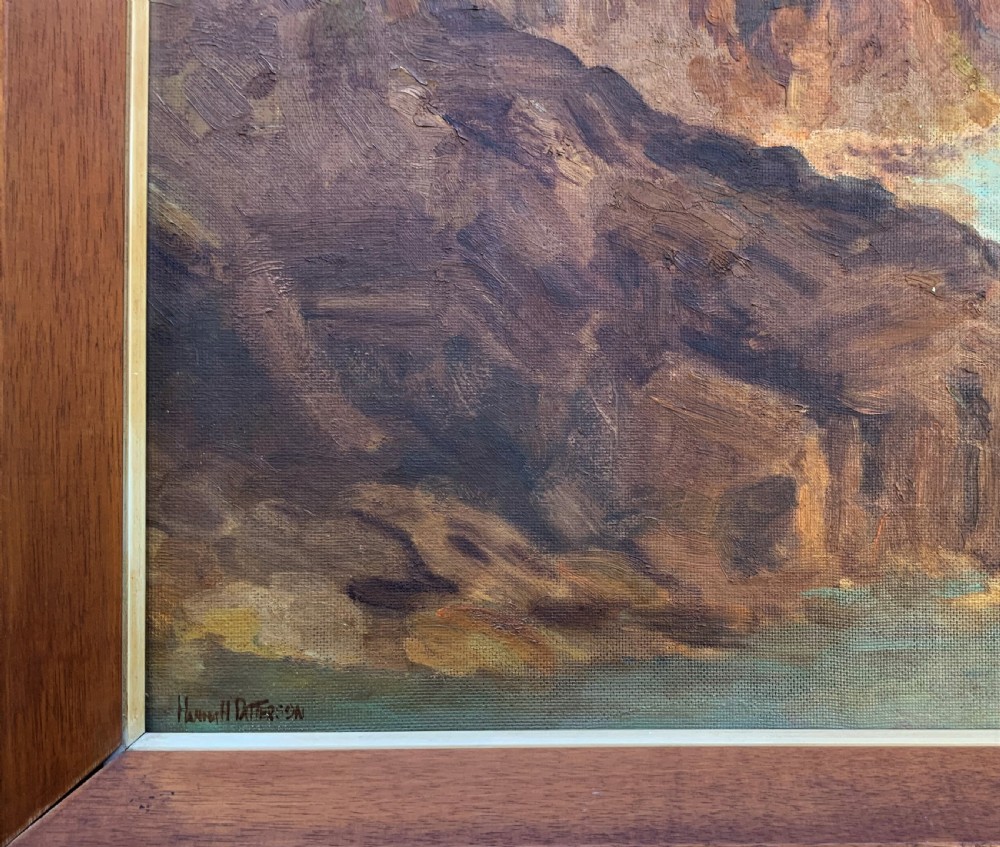 An impressionist oil painting depicting a steep rocky gorge with a winding turquoise river inside a warm timber frame. View VIII