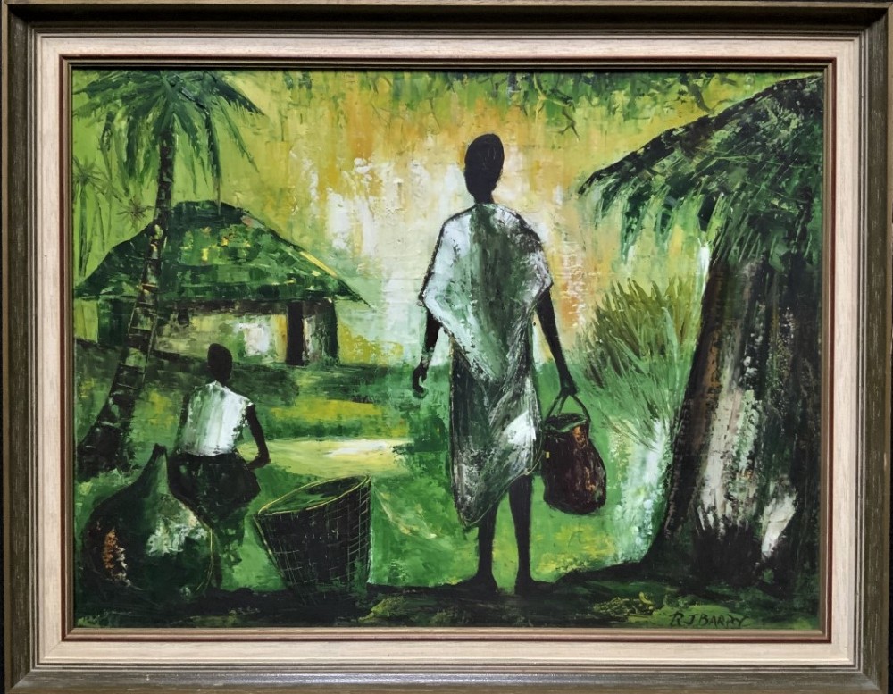 A mid-20th-century oil painting depicting figures in an African village setting with palm trees and thatched huts, rendered in shades of green and yellow within a wooden frame.