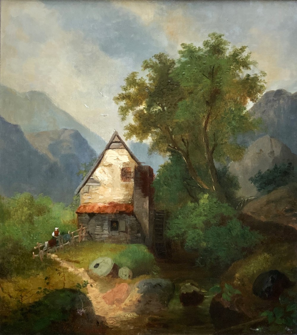 Superb Quality Original 19thc Mountainous Valley Landscape Oil Painting View II