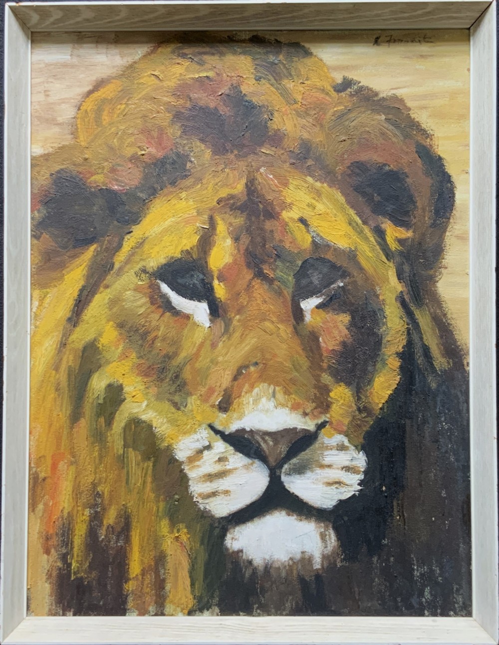 A framed mid-century oil painting depicting a close-up portrait of a male lion with textured brushwork in golden yellow, brown, and ochre hues.